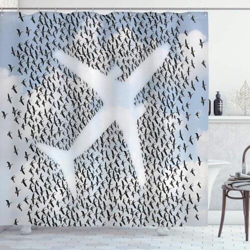 Travel Shower Curtain Airplane in The Sky with Doves Bird Hummingbird Flock Adventure Vacation Bathroom Decor Set with Hooks 70"