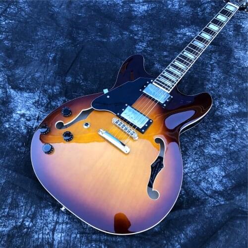 Grote Sunset Maple 6 Strings Left Handed Jazz Electric Guitar with Double F Holes Semi Hollow Body,Real Photos