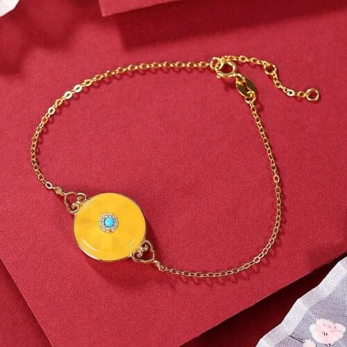 Natural open S925 sterling silver gilt inlaid amber safe buckle retro temperament ladies bracelet
