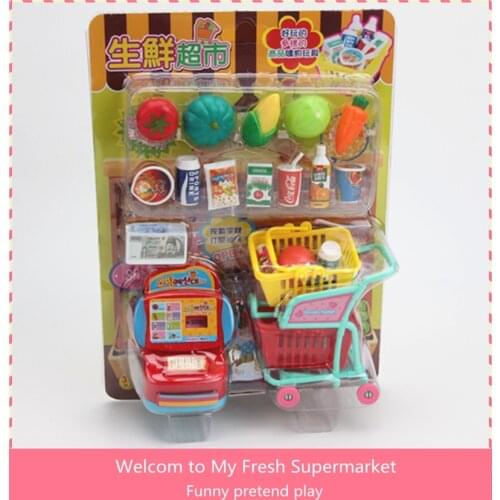 Pretend Play Action Figure Toys Fresh Supermarket Vegetable Drink Food Model Shopping Cart with Groceries Toys Children gift