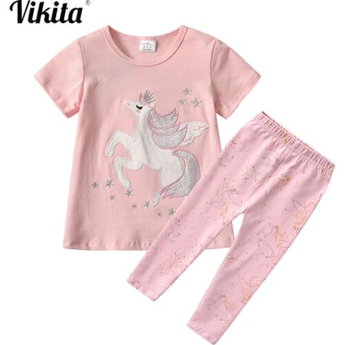 VIKITA Unicorn Kids Girls Clothes Sets 2PCS Short Sleeve T-Shirt + Long Pants Unicorn Print Elastic Leggings Girl Summer Clothes