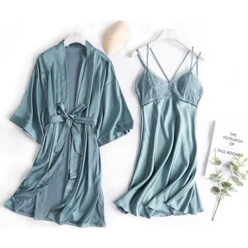FZSLCYIYI Autumn Comfortable Ice Silk Home Service Suit Rayon robe&Gown Sets Womens robe Sexy Can Be Worn Outside Homewear