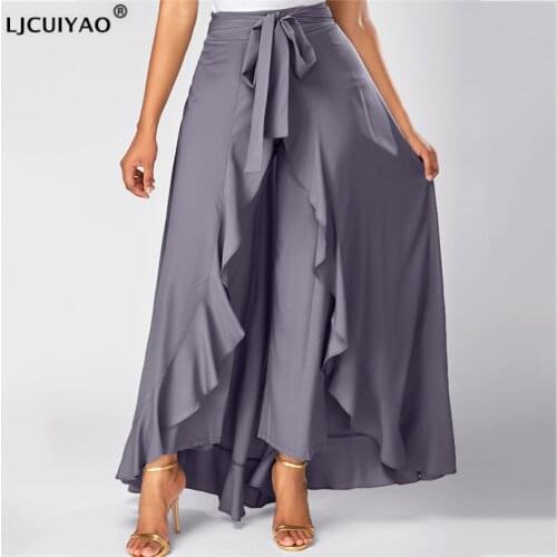 LJCUIYAO Sexy Ruffles Casual Women Pants High Waist Zipper And Belt Split Summer Female Ladies Wide Leg Trousers Autumn Bottom