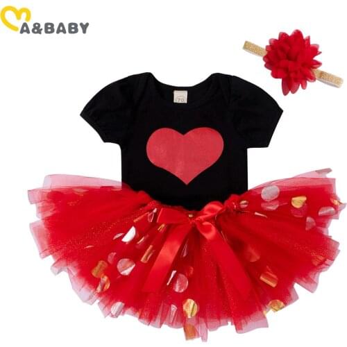 Ma&Baby 0-18M Valentines Day Baby Girl Red Outfits Toddler Newborn Infant Girl Heart Print Romper Tutu Skirts Headband