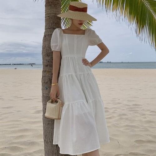 Fashion Summer Casual Streetwear Midi Dress Ladies Elegant Square Collar Vintage Puff Sleeve Sweet Boho Beach Vacation Sundress