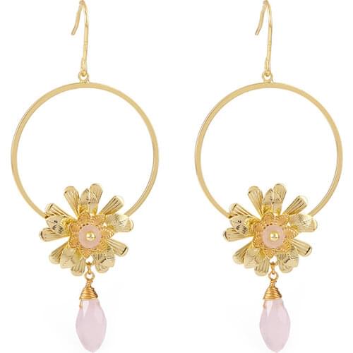 Sterling silver needle Korean fashionable earrings real gold plating circle flower shape gemstone pendant drop vintage earrings