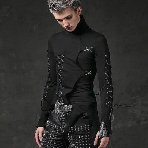 Mens Punk Rock Irregular Hem Black T-Shirt Elastic Turtleneck Lace-up Long Sleeve Hip Hop Tees Tops male singer costumes