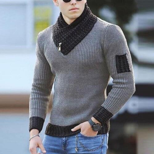 2021 New Autumn Winter Warm Long Sleeve Scarf Collar Men Casual Sweater Soft Color Block Slim Tight Casual Sweater Streetwear