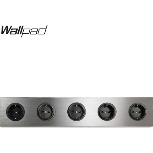 Wallpad 5 Gang Frame Quintuple EU Wall Electric Outlet Socket German Plug Silver Satin Brushed Aluminum Alloy Panel 430 * 86 mm