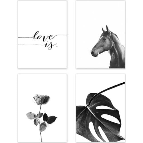 Nordic Style Wall Art Canvas Painting Black and White Horse Flower Prints and Posters Simple Picture For Living Room Decoration