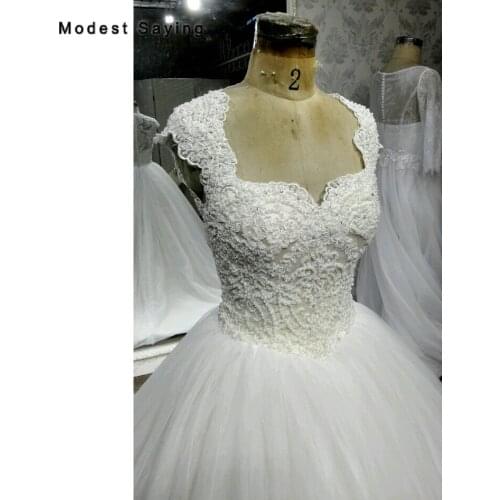 Real Elegant Ivory Ball Gown Pearls Lace Wedding Dresses 2018 with Champagne Lining Sweetheart Bridal Gowns vestidos de noiva