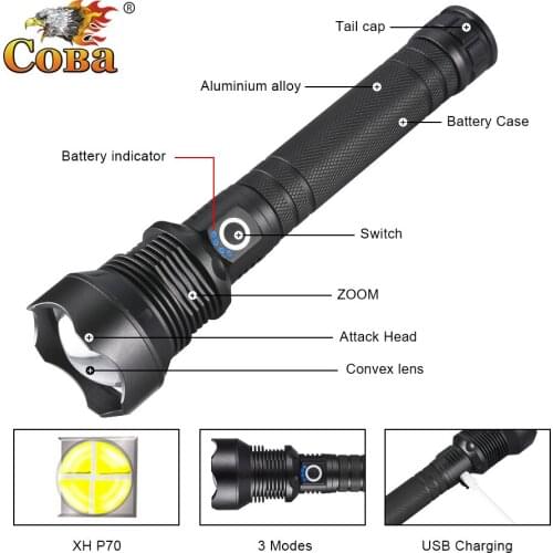 P70 led flashlight 3800LM zoom usb rechargeable 18650/26650 battery super bright waterproof Aluminum alloy Self Defense