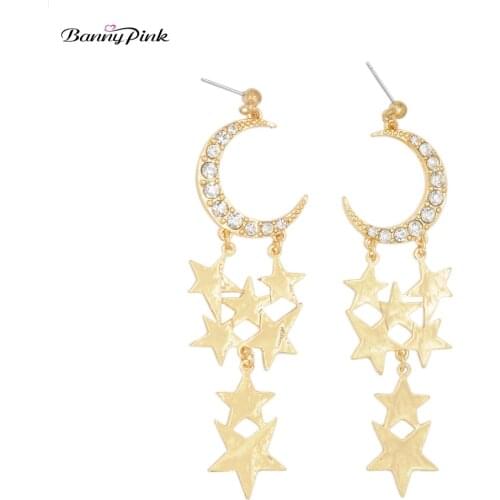 Banny Pink Shiny Layer Stars Statement Pendant Studs Earrings For Women Chunky Crystal Moon Crescent Tassel Post Earrings Brinco