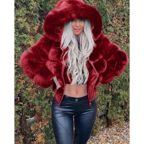 Plus size Women Jacket Fashion Winter Faux Fur Cropped Coat Fluffy Zip Hooded Warm Short Jacket