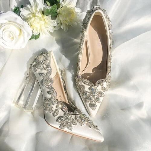 Romantic Rhinestone Flower Embellished Wedding Silk Pumps Clear Lucency Chunky Heels Mary Janes Crystal Bridals Dress Shoes