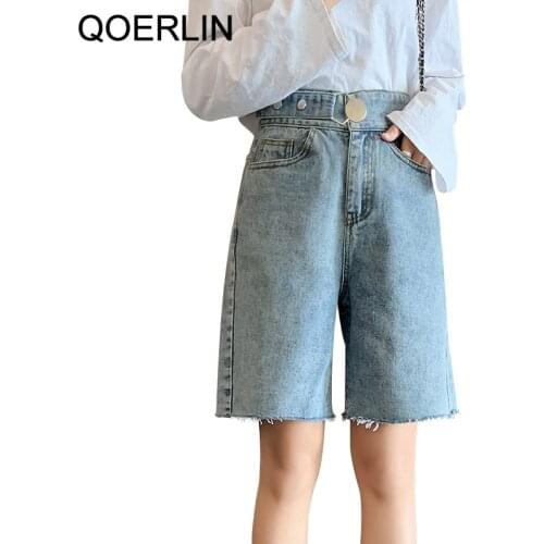 QOERLIN Big Size 4XL Women Wide Leg Jeans Shorts Pocket Summer Beach Denim Shorts Lady Casual High Waist Shorts Jeans Plus Size