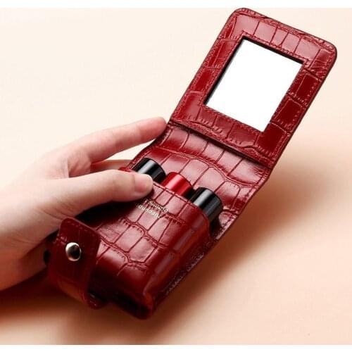 High Quality Cowhide Lipstick Bag Crocodile Pattern Mirror Portable Cosmetic Bag Small Lipstick Bag Lip glaze Storage Bag
