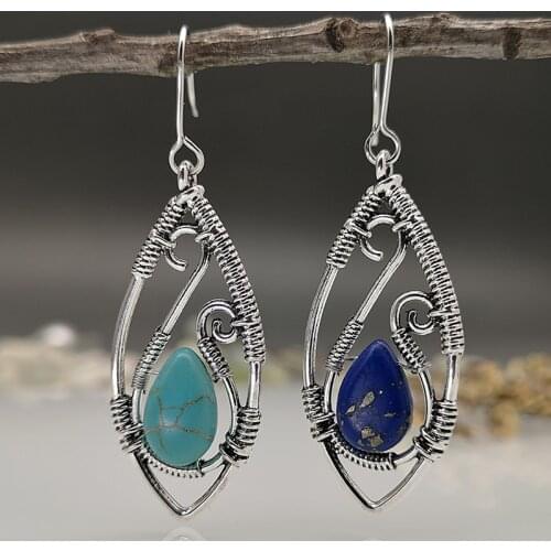 Vintage Creative New Craftsman Lapis Drop Earrings Retro Silver Wire Wound Hollow Out Turquoise Hook Earrings Fashion Jewelry