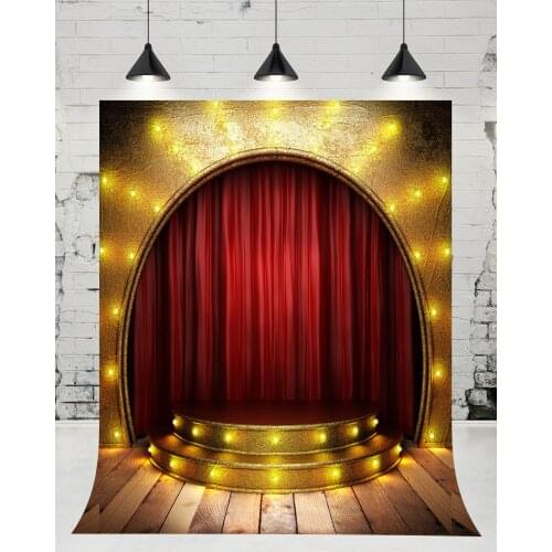 VinylBDS Red Curtain Shining Stage Photography Backdrop Newborn Baby Photo Studio Wood Floor Background for Children Props