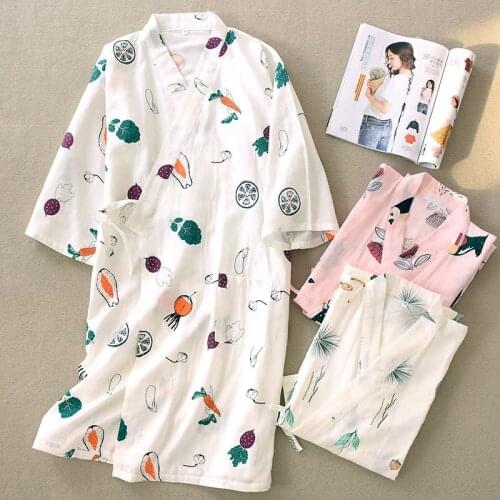 Woman Kimono Pajamas Yukata Japanese Style Floral Loose Long Sleepwear NightGown Cardigan Leisure Bathrobe Gauze Cotton