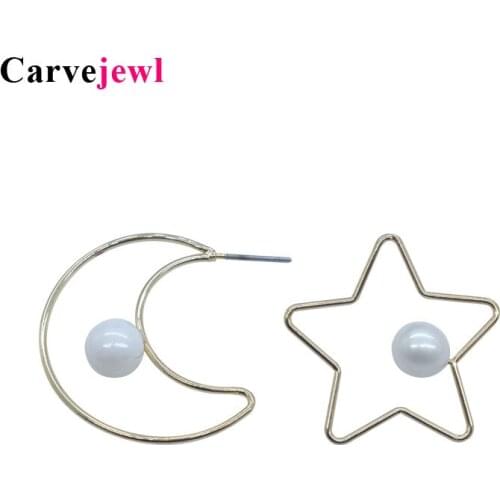 Carvejewl Asymmetrical stud earrings white pearl five pointed star moon stud earrings for women jewelry fashion korean earrings