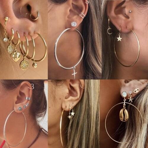 Mix Design Vintage Punk Cross Circle Round Crystal Dangling Earrings for Women Bohemia Moon Star Pendant Charm Earring Ear Hoops