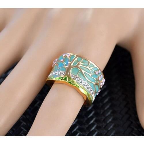 Hot Lucky Flower Tree Rings Fashion Gold Pink Opal Green Enamel Wide Ring For woman Party Crystal Vintage Jewelry 2019 New