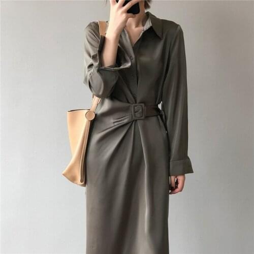 Elegant Stain Shirt Vestidos For Women 2021 Polo Neck Long Sleeve Solid Ladies Dresses Belted Single Breasted Long Dress DR024
