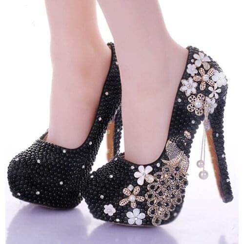 2018 Sparkling Gorgeous Formal Dress Shoes Black Pearl Bridal Shoes Crystal Peacock Tassel Popular High-heeled Platform Shoes