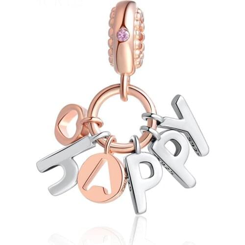 Authentic S925 Silver Pendant Bead fit Lady Bracelet Bangle Rose Happy Word Dangle Charms DIY Jewelry
