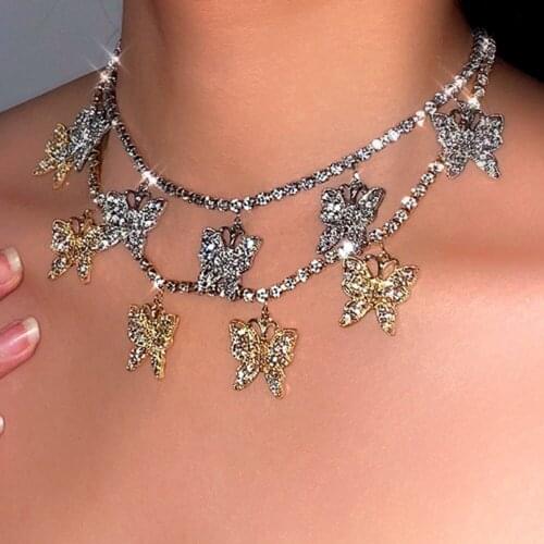 Boho Crystal Rhinestone Paved Butterfly Tennis Chain Choker For Women Shiny Alloy Metal Butterfly Rhinestone Necklaces Jewelry