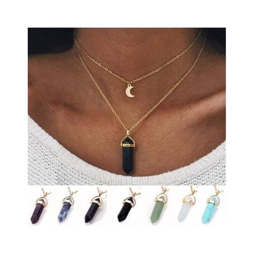 Hot Sale 7 Styles Double Layer Cyrstal Hexagonal Column Choker Necklace for Women Moon Necklace Pendant on Neck Jewelry Party