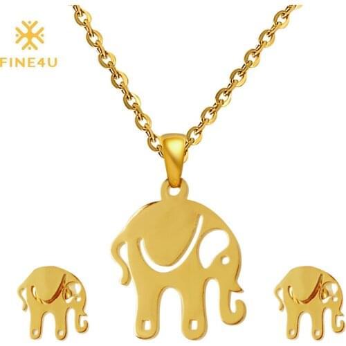 FINE4U N097 Fashion Elephant Horse Cat Animals Necklace & Earrings Set 316L Stainless Steel Jewelry Sets For Women
