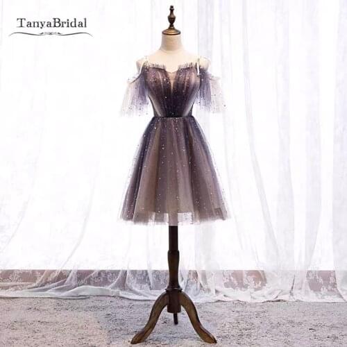 Short Gray Cocktail Dresses With Star Moon Sequins Bling Bling Fairy Tulle Homecoming Dress Party Gown JQ779