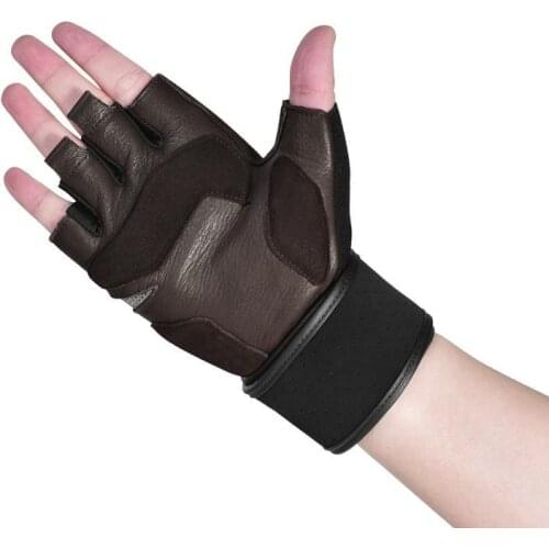 Leather Gym Gloves Men Extended Wrist Belt Half Finger Dumbbell Weight Lifting Fitness Gloves Deerskin Workout Sports Gloves