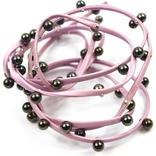 Sisi Crafts Beading Tape Pink 3mm PU Ribbon with Pearl Flat Faux Cord Trim DIY Bracelet Jewelry Making Finding Accessory Materia