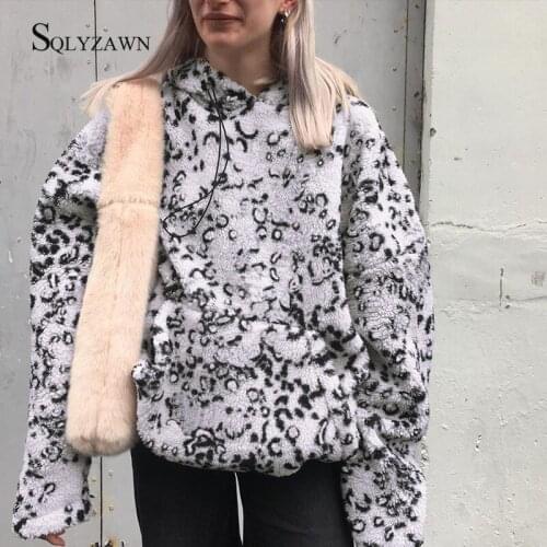 Leopard Fleece Oversized Hoodies Pullover Women Korean Fall Winter Harajuku Black White Color Block Sweatshirt Gothic Outerwear
