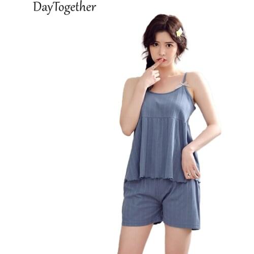 Summer Womens Nightdress Large Size Sexy Female Sleepwear Suit Color Black Blue Ladies two-piece Cotton Pajama