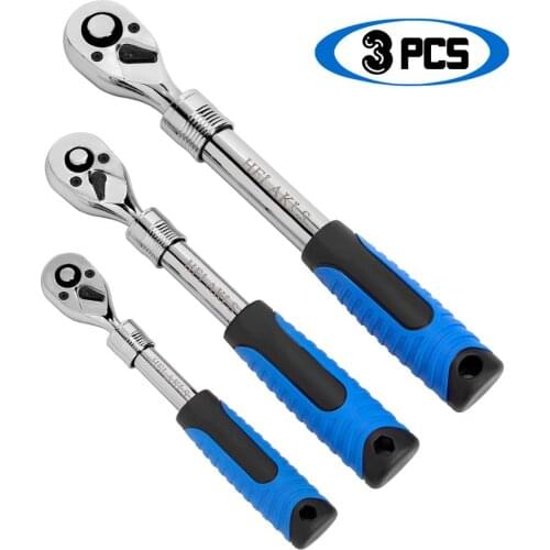 HELAKLS 3-Piece Extendable Ratchet Socket Wrench Set 1/4", 3/8", 1/2-Inch Drive Reversible Quick-Release Hand Tool