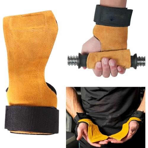 Men Cowhide Gym Gloves Grips Anti-Skid Weight Lifting Grip Pads Deadlifts Workout Crossfit Fitness Gloves Palm Protection