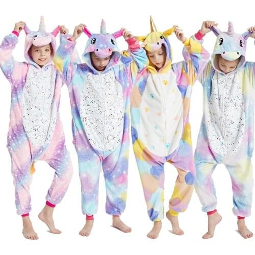 Girls Cartoon Unicorn Pajamas Boys Winter Warm Flannel Kigurumi Pyjamas Kids Sleepwear Jumpsuits for Children from 8 to 12 Years