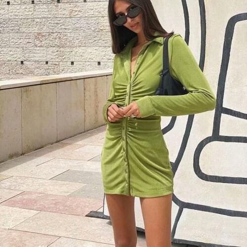 2021 Spring Fashion Woman Slim Pleated Velvet Shirt Dress Girls Y2k Solid Color Mini Dresses Female Streetwear Long Sleeve Dress