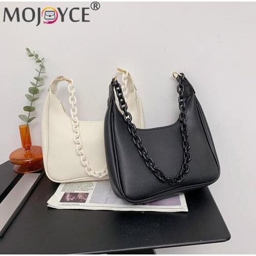 Leisure Women PU Leather Subaxillary Bags Female Chain Pure Color Shoulder Bags Small Crescent Shape Armpit Bags