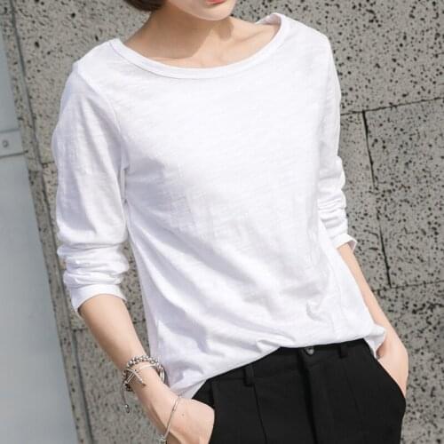 Spring simple bamboo cotton long sleeve base shirt T-shirt womens loose cotton round neck T-shirt casual shirt 0912-8