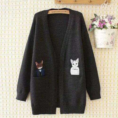 Plus size cardigans for women 2021 autumn kawaii cat embroidery Womens oversize sweater blue black loose Womens clothing