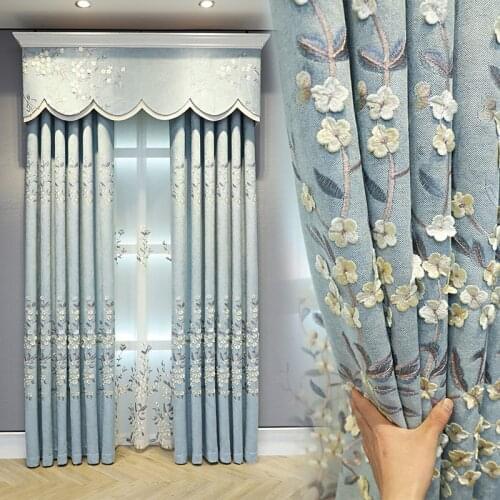 European-style Curtains for Living Dining Room Bedroom Embossed Curtains Fresh Gray Blue Chenille Curtains Valance Curtains