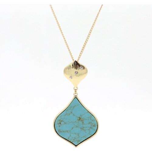 Light Yellow Gold Color Alloy Water Drop Green Turquoises Pendant Link Chain Necklace Rose Pink Quartz Jewelry