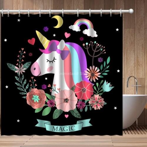 Black Pink Unicorn Cute 3D Print Animal Shower Curtain Girls Bathroom Set With Waterproof Hook Bath Curtains Kids African Funny
