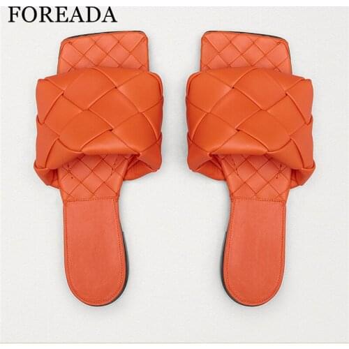 FOREADA Women Shoes Flat Slides Slippers Square Toe Sandals Casual Female Summer Footwear Brand Design Colorful Big Size 34-43