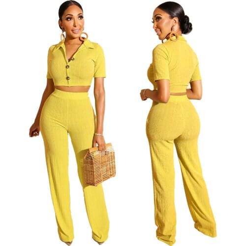 Neon Yellow Knitted Two Piece Sets Tracksuit Summer Clothes For Women Turn Down Collar Short Sleeve Crop Top And Straight Pants